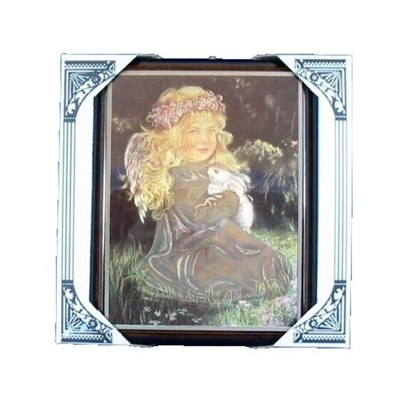 Carglow Decorative Wall Plaque Girl in Garden with Rabbit Wood Frame Nursery Art - Picture 1 of 2
